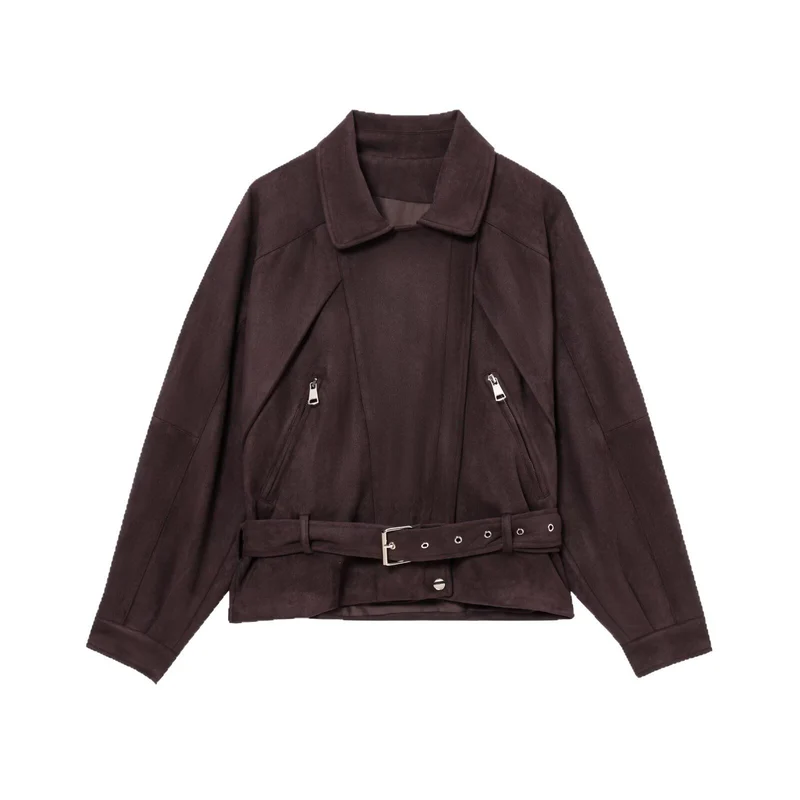 Damen Kurzjacke aus Veloursimitat mit Taillengürtel, kastigem Schnitt und Reißverschlusstaschen Drune