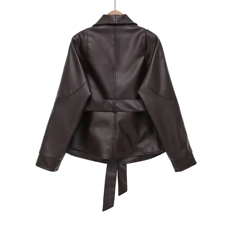 Damen Kurzjacke aus veganer Lederoptik mit Taillengürtel und Schalkragen Drune
