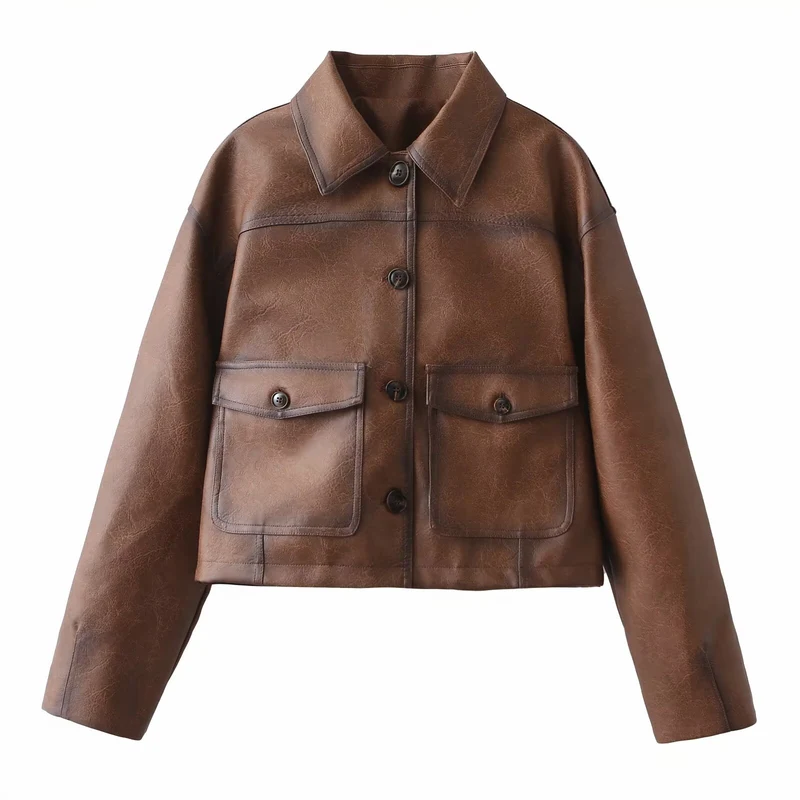 Damen Kurzjacke aus veganer Lederoptik im kastenförmigen Worker Look Drune