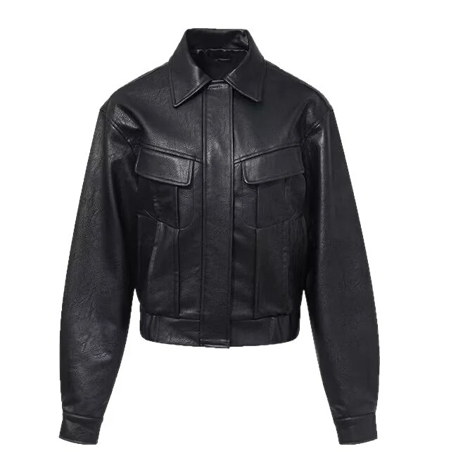 Damen Kurzjacke aus veganer Lederoptik im Cropped-Utility-Worker-Stil mit Pattentaschen Drune