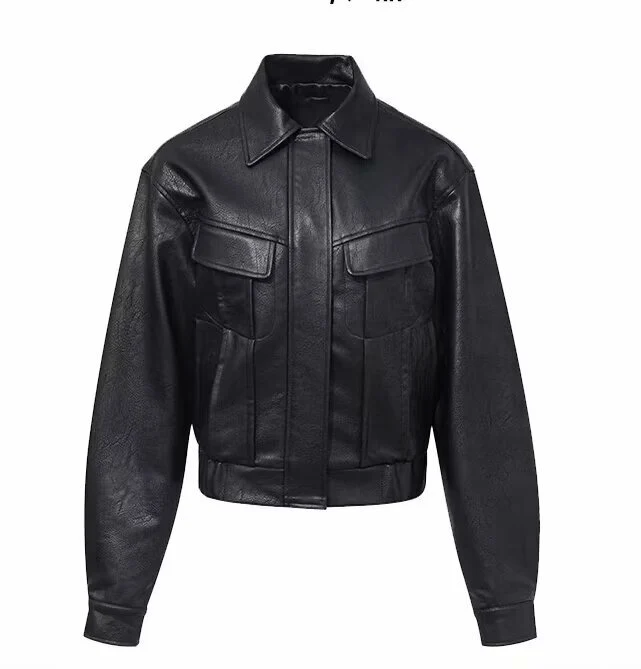 Damen Kurzjacke aus veganer Lederoptik im Cropped-Utility-Worker-Stil mit Pattentaschen Drune