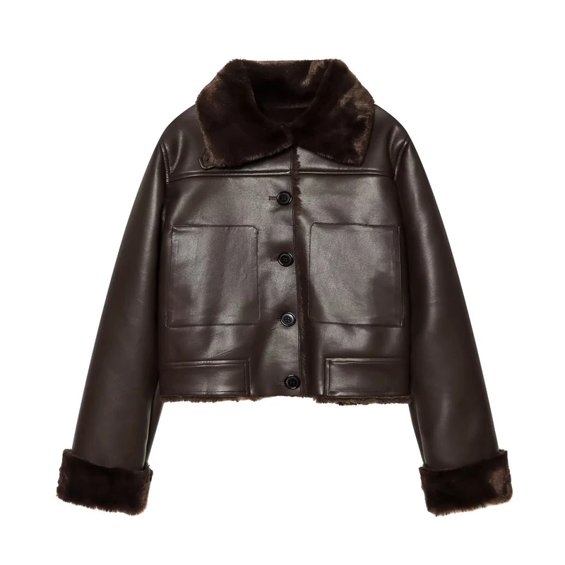 Damen Kurzjacke aus Lederoptik mit Teddy-Futter, aufgesetzten Taschen und Umlegekragen Drune
