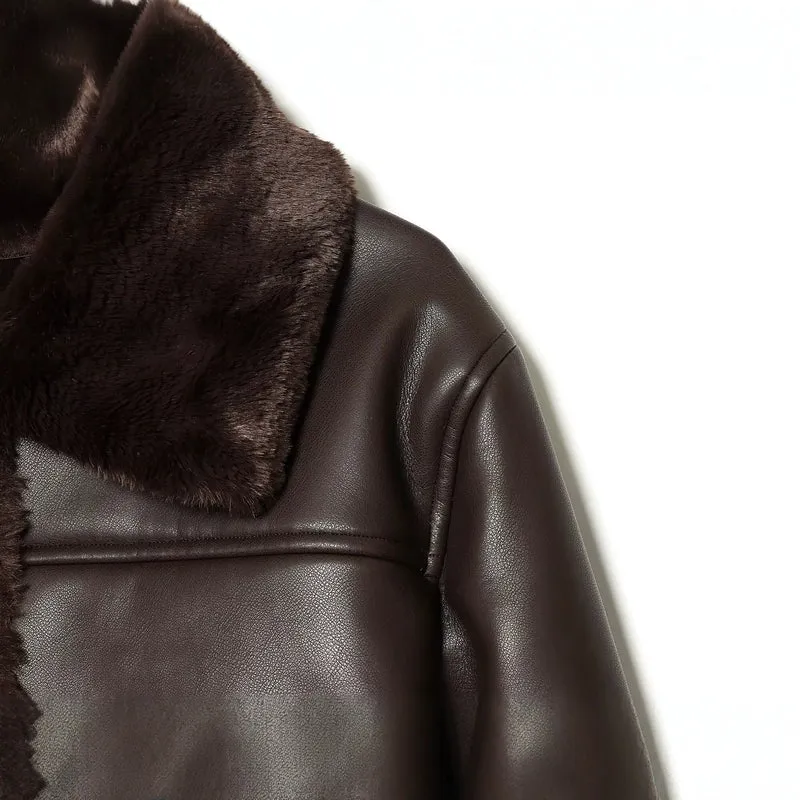 Damen Kurzjacke aus Lederoptik mit Teddy-Futter, aufgesetzten Taschen und Umlegekragen Drune
