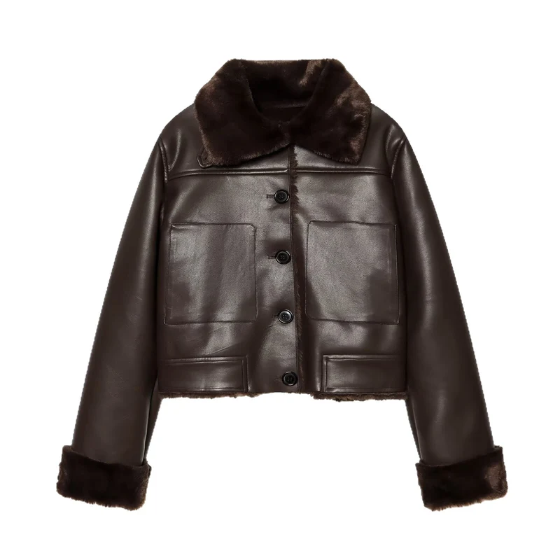 Damen Kurzjacke aus Lederoptik mit Teddy-Futter, aufgesetzten Taschen und Umlegekragen Drune