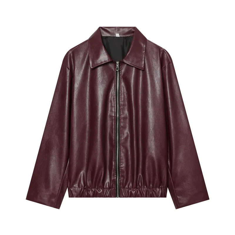 Damen Kurzgeschnittener Kunstleder‑Blouson mit Reißverschluss und gerafftem Saum Drune
