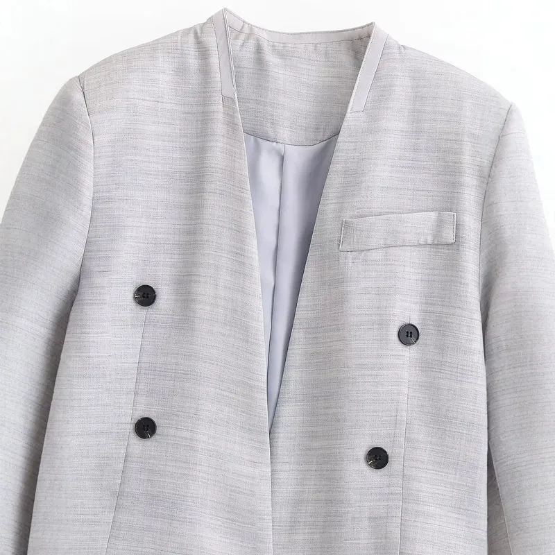 Damen Kurzgeschnittener kragenloser Blazer mit doppelreihiger Knopfleiste und Strukturgewebe Drune