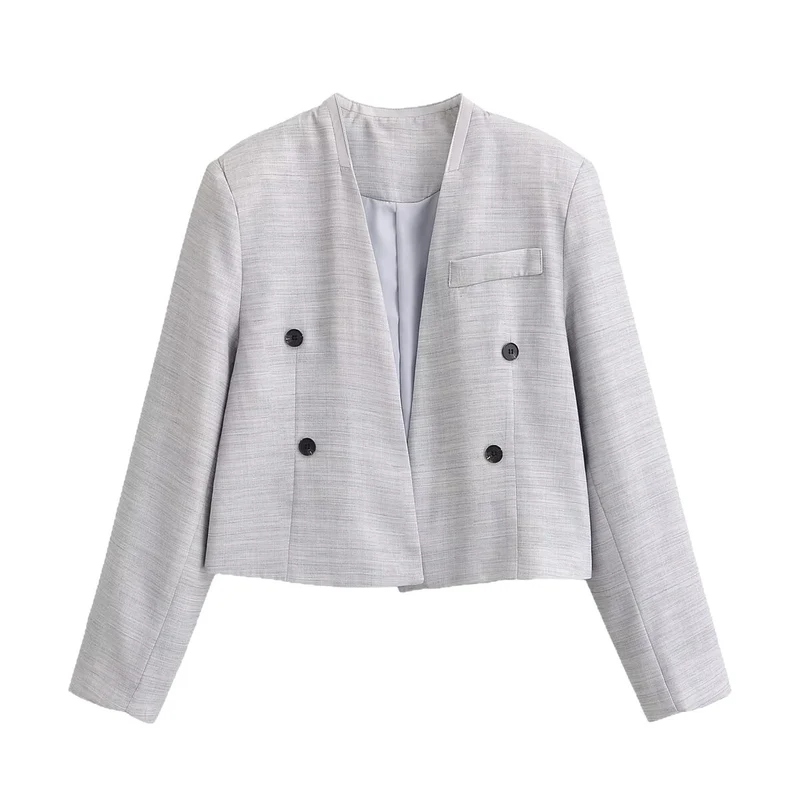 Damen Kurzgeschnittener kragenloser Blazer mit doppelreihiger Knopfleiste und Strukturgewebe Drune