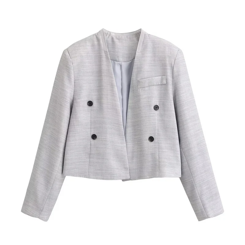Damen Kurzgeschnittener kragenloser Blazer mit doppelreihiger Knopfleiste und Strukturgewebe Drune