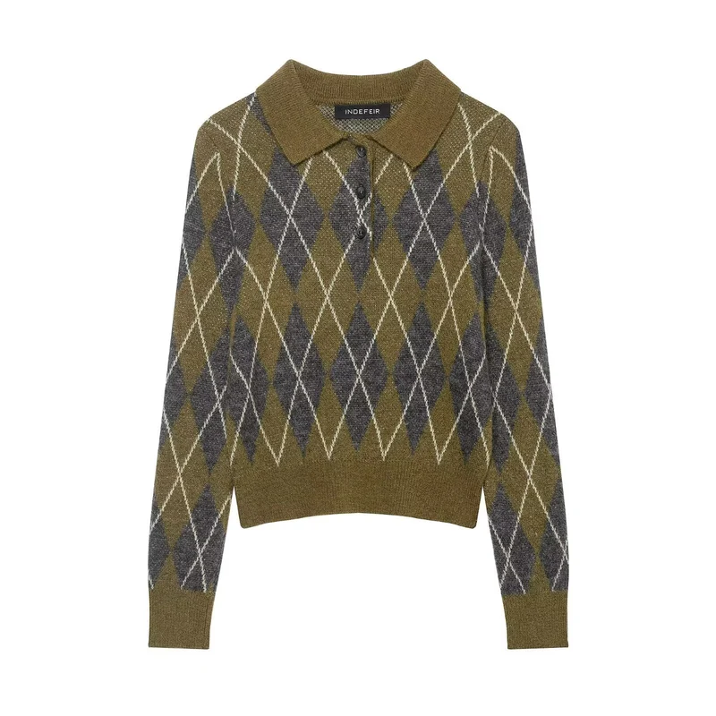 Damen Kurzgeschnittener Argyle‑Polo‑Pullover aus feinem Strukturstrick Drune