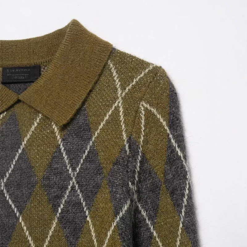 Damen Kurzgeschnittener Argyle‑Polo‑Pullover aus feinem Strukturstrick Drune