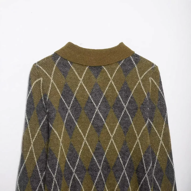 Damen Kurzgeschnittener Argyle‑Polo‑Pullover aus feinem Strukturstrick Drune