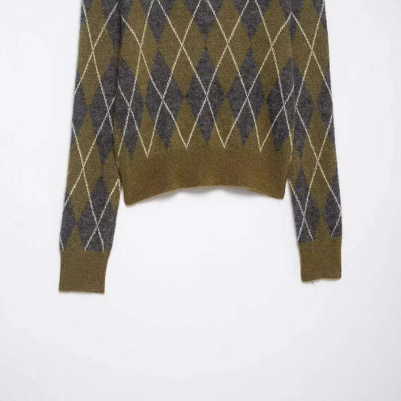Damen Kurzgeschnittener Argyle‑Polo‑Pullover aus feinem Strukturstrick Drune