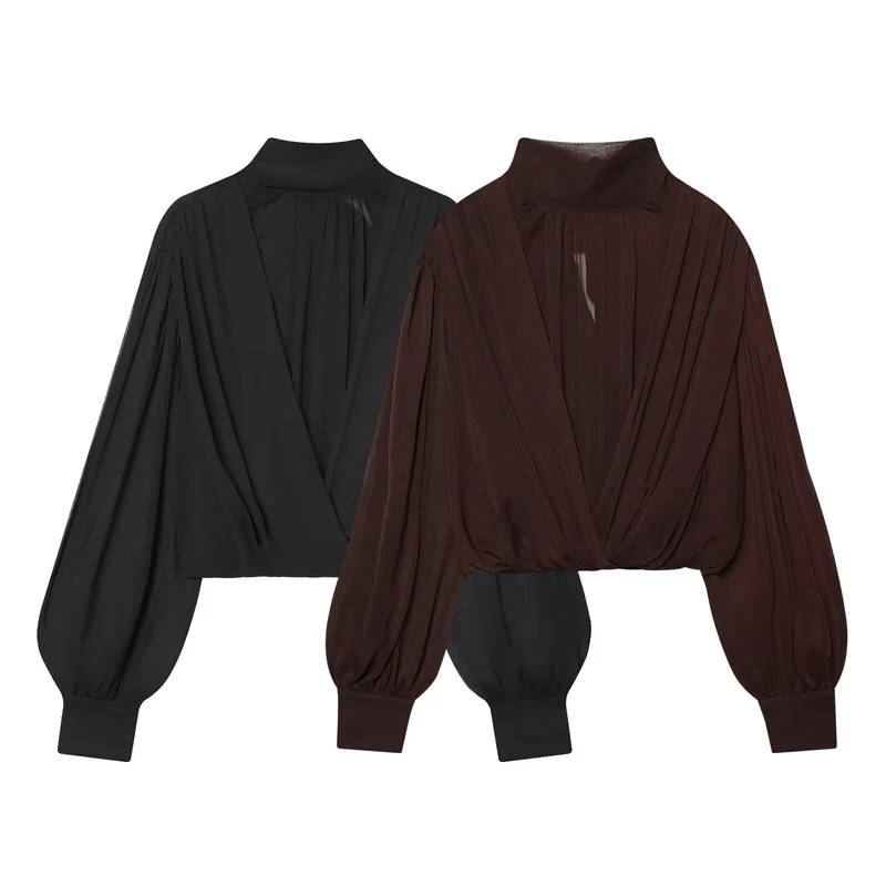 Damen Kurzgeschnittene Wickelbluse mit Stehkragen und voluminösen Ballonärmeln Drune