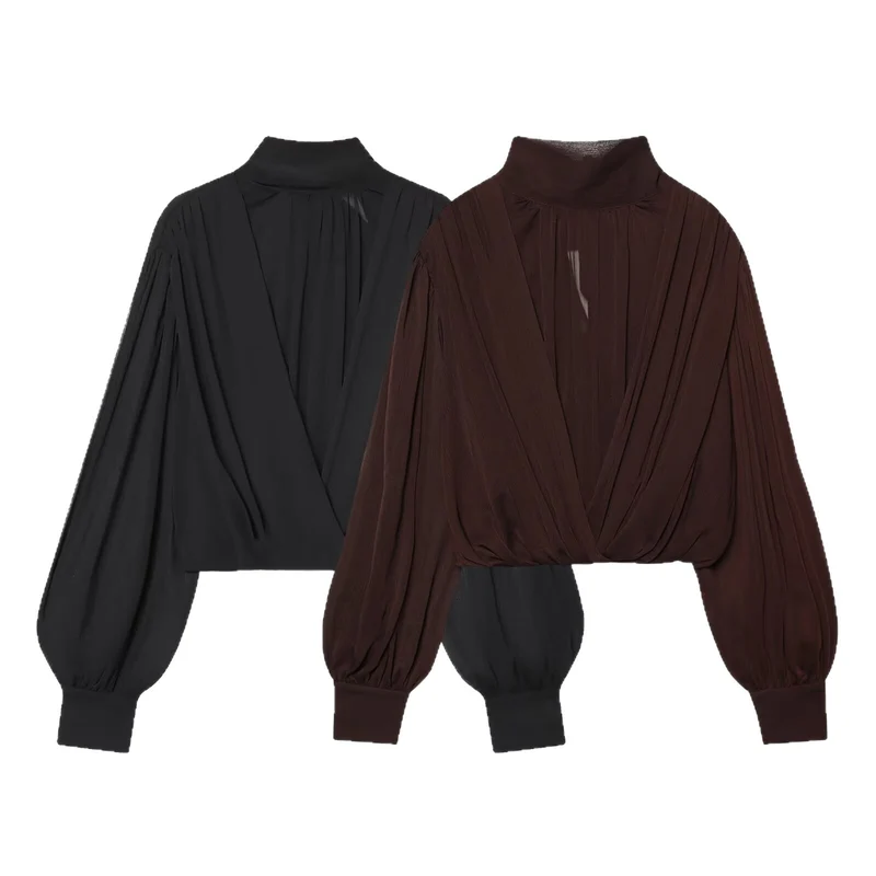 Damen Kurzgeschnittene Wickelbluse mit Stehkragen und voluminösen Ballonärmeln Drune