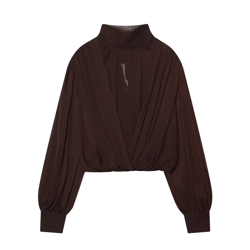 Damen Kurzgeschnittene Wickelbluse mit Stehkragen und voluminösen Ballonärmeln Drune