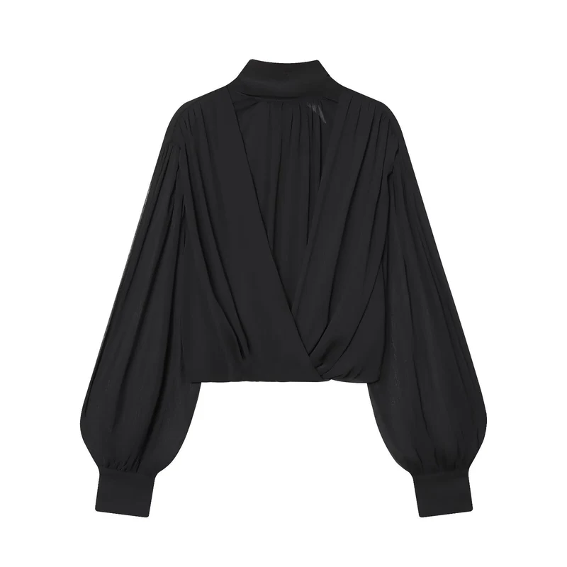 Damen Kurzgeschnittene Wickelbluse mit Stehkragen und voluminösen Ballonärmeln Drune