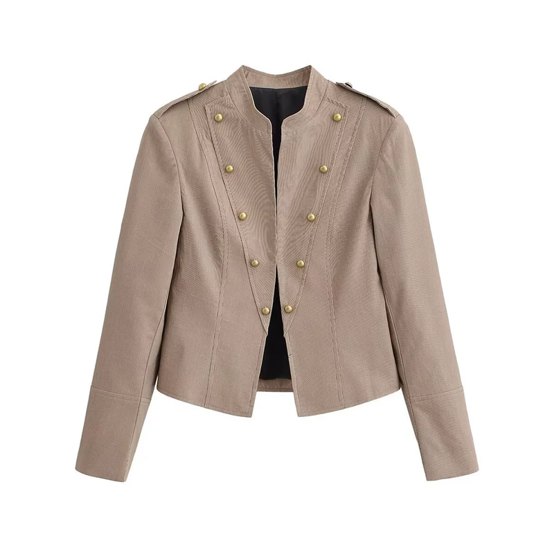 Damen Kurzgeschnittene taillierte Militärjacke mit Stehkragen und Zierknöpfen Drune