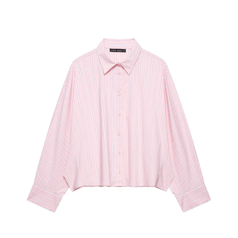 Damen Kurzgeschnittene Oversize‑Hemdbluse mit Nadelstreifen, Hemdkragen und verlängerten Manschetten Drune