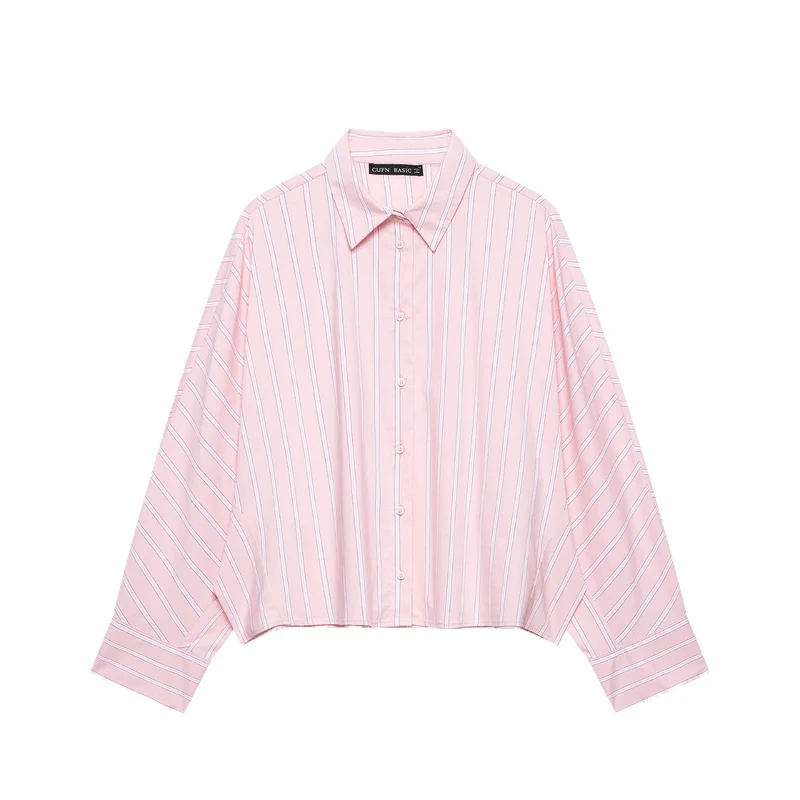 Damen Kurzgeschnittene Oversize‑Hemdbluse mit Nadelstreifen, Hemdkragen und verlängerten Manschetten Drune