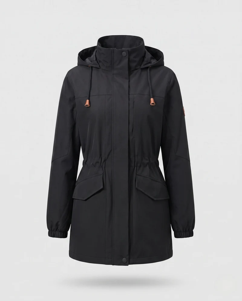 Damen wasserabweisender Parka mit Kapuze, Taillenzug und Klappentaschen Drune