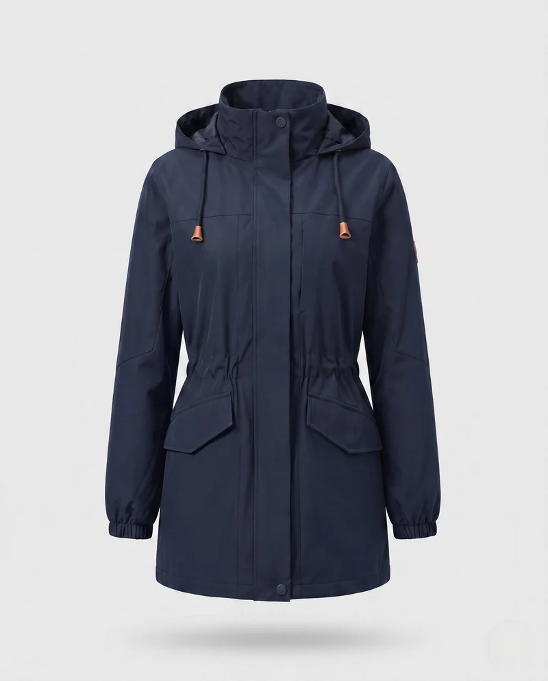 Damen wasserabweisender Parka mit Kapuze, Taillenzug und Klappentaschen Drune