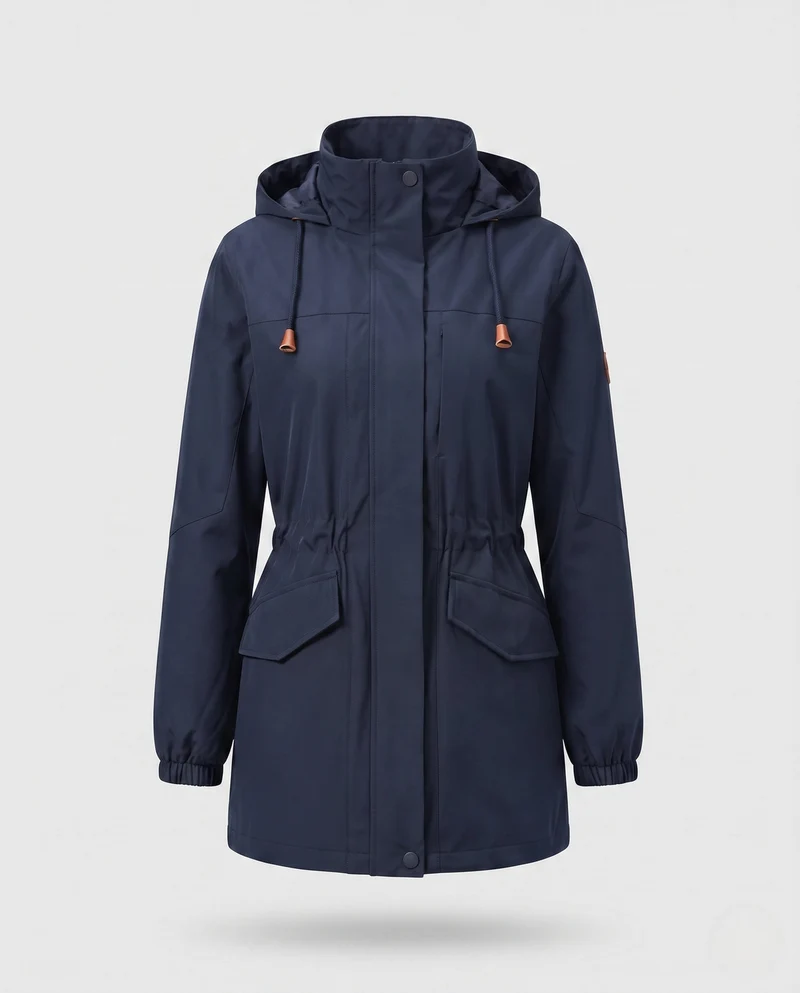 Damen wasserabweisender Parka mit Kapuze, Taillenzug und Klappentaschen Drune