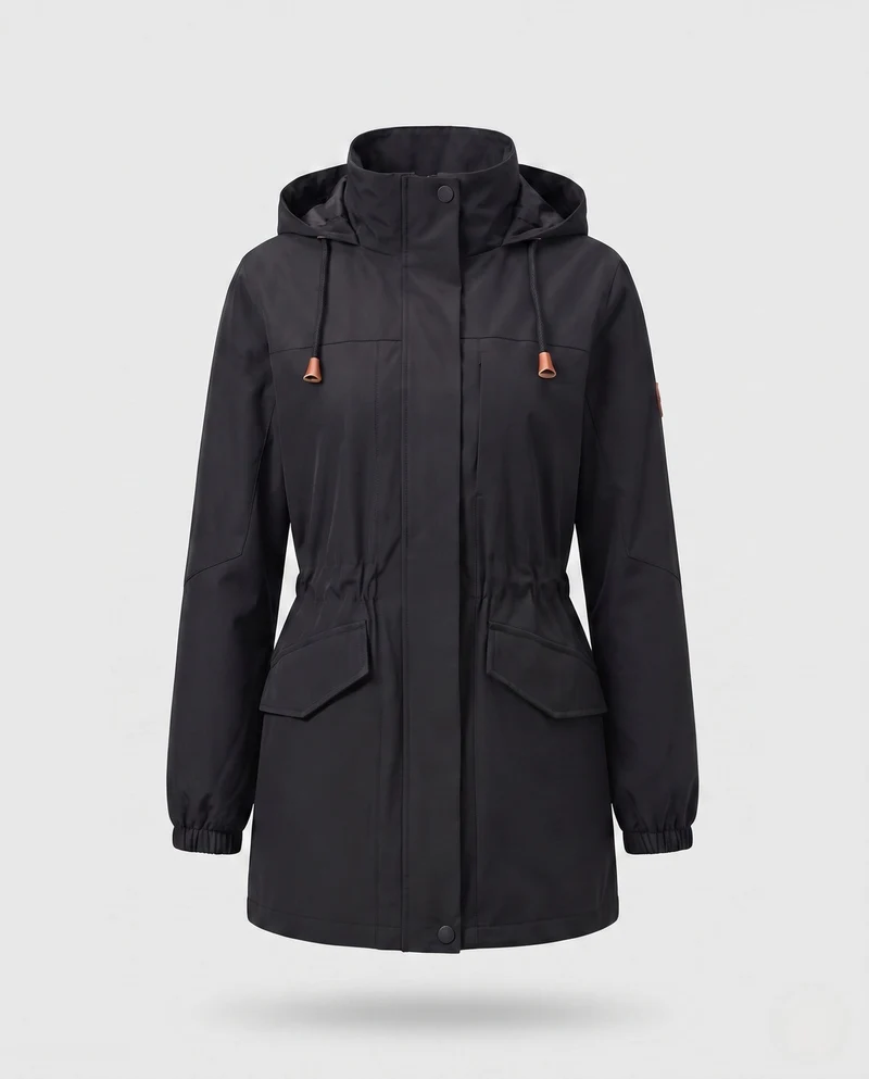 Damen wasserabweisender Parka mit Kapuze, Taillenzug und Klappentaschen Drune