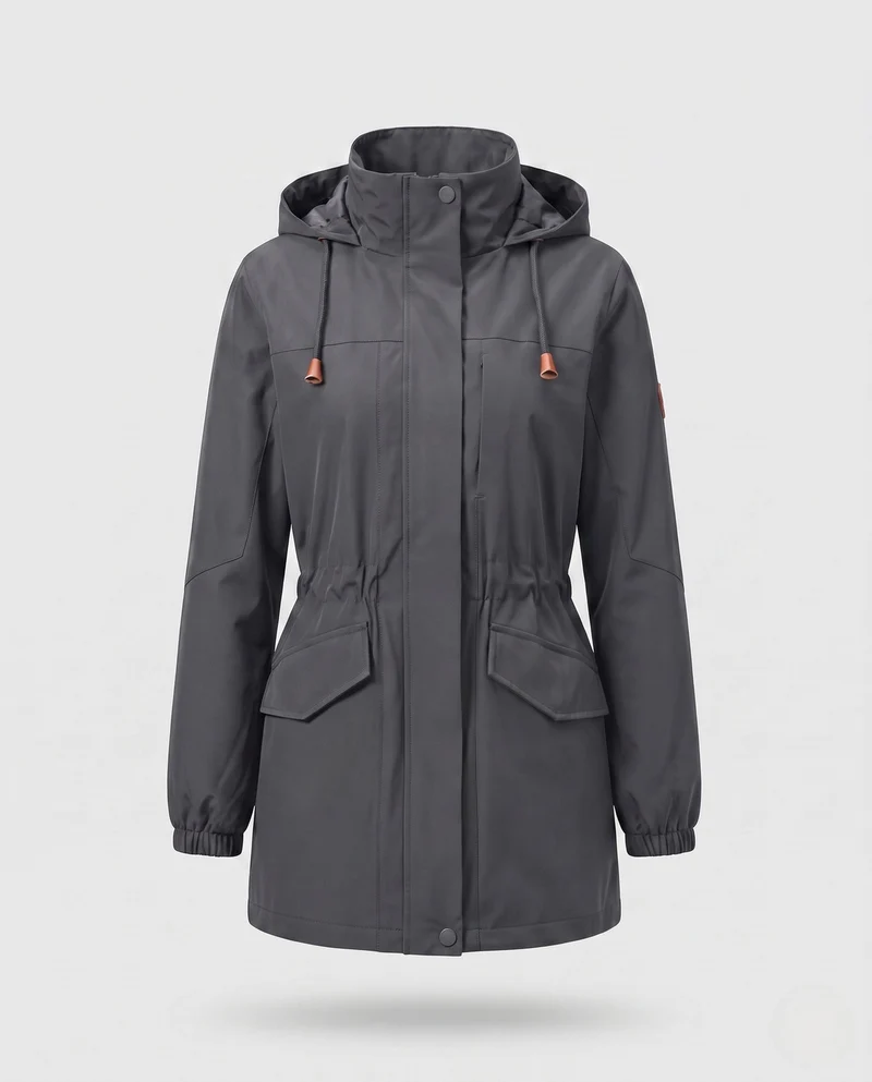 Damen wasserabweisender Parka mit Kapuze, Taillenzug und Klappentaschen Drune