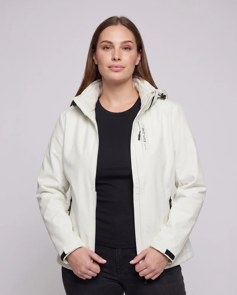 Damen Zwei-Lagen Softshell-Jacke mit abnehmbarer Fleece-Innenlage und verstellbarer Kapuze Drune