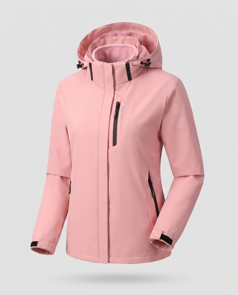 Damen Zwei-Lagen Softshell-Jacke mit abnehmbarer Fleece-Innenlage und verstellbarer Kapuze Drune