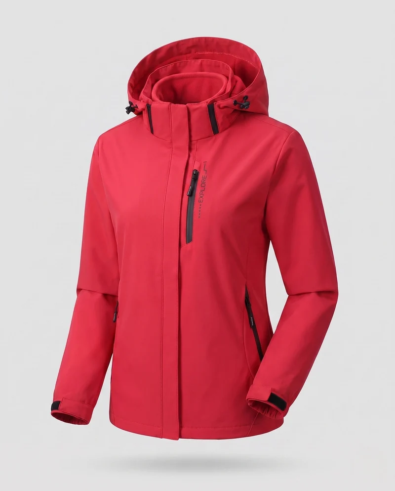 Damen Zwei-Lagen Softshell-Jacke mit abnehmbarer Fleece-Innenlage und verstellbarer Kapuze Drune