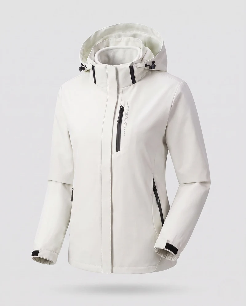 Damen Zwei-Lagen Softshell-Jacke mit abnehmbarer Fleece-Innenlage und verstellbarer Kapuze Drune
