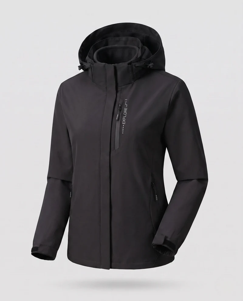 Damen Zwei-Lagen Softshell-Jacke mit abnehmbarer Fleece-Innenlage und verstellbarer Kapuze Drune