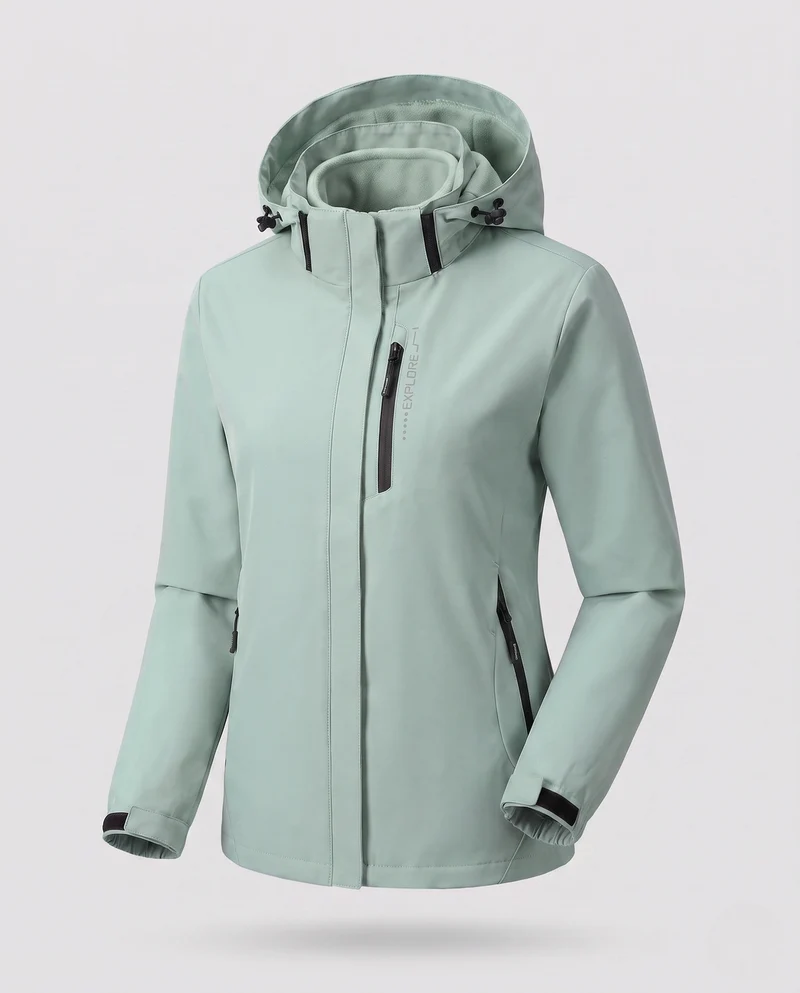 Damen Zwei-Lagen Softshell-Jacke mit abnehmbarer Fleece-Innenlage und verstellbarer Kapuze Drune