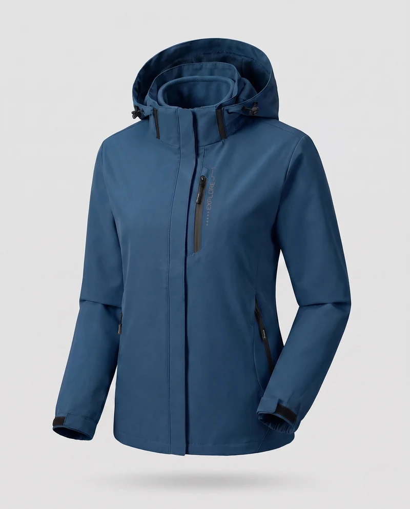 Damen Zwei-Lagen Softshell-Jacke mit abnehmbarer Fleece-Innenlage und verstellbarer Kapuze Drune