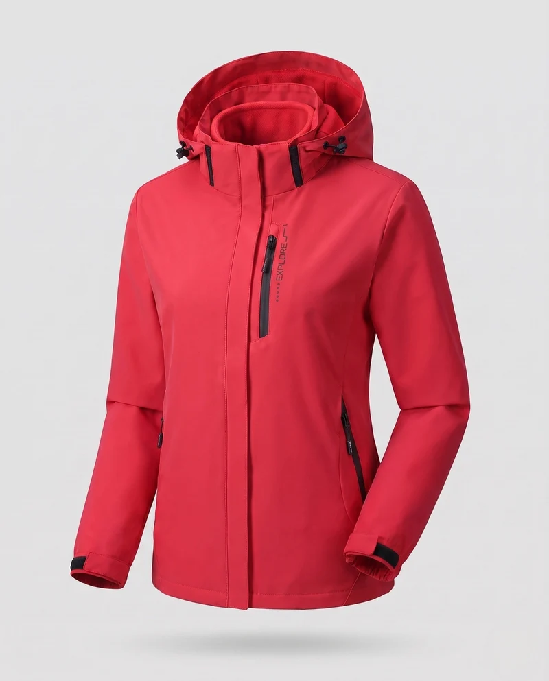 Damen Zwei-Lagen Softshell-Jacke mit abnehmbarer Fleece-Innenlage und verstellbarer Kapuze Drune
