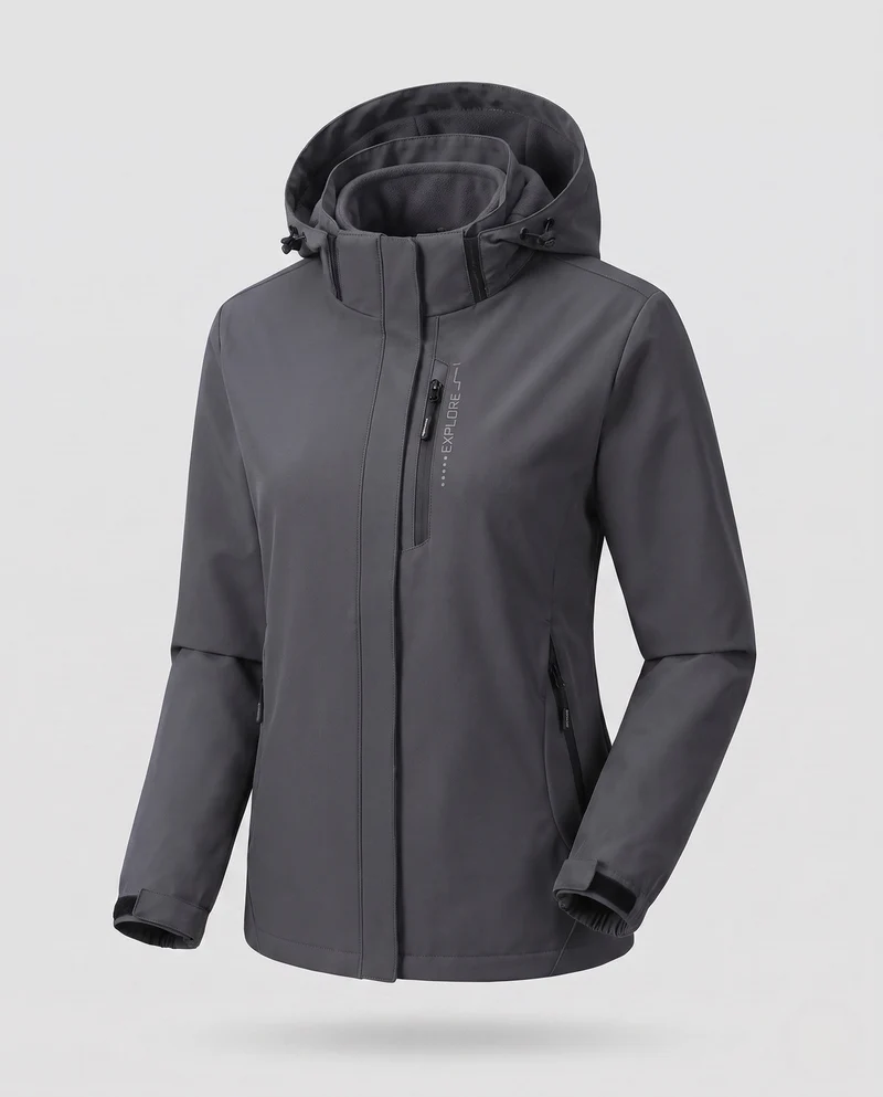 Damen Zwei-Lagen Softshell-Jacke mit abnehmbarer Fleece-Innenlage und verstellbarer Kapuze Drune