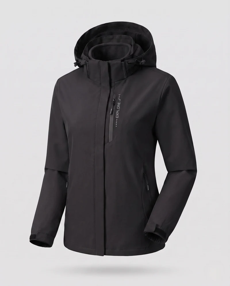 Damen Zwei-Lagen Softshell-Jacke mit abnehmbarer Fleece-Innenlage und verstellbarer Kapuze Drune