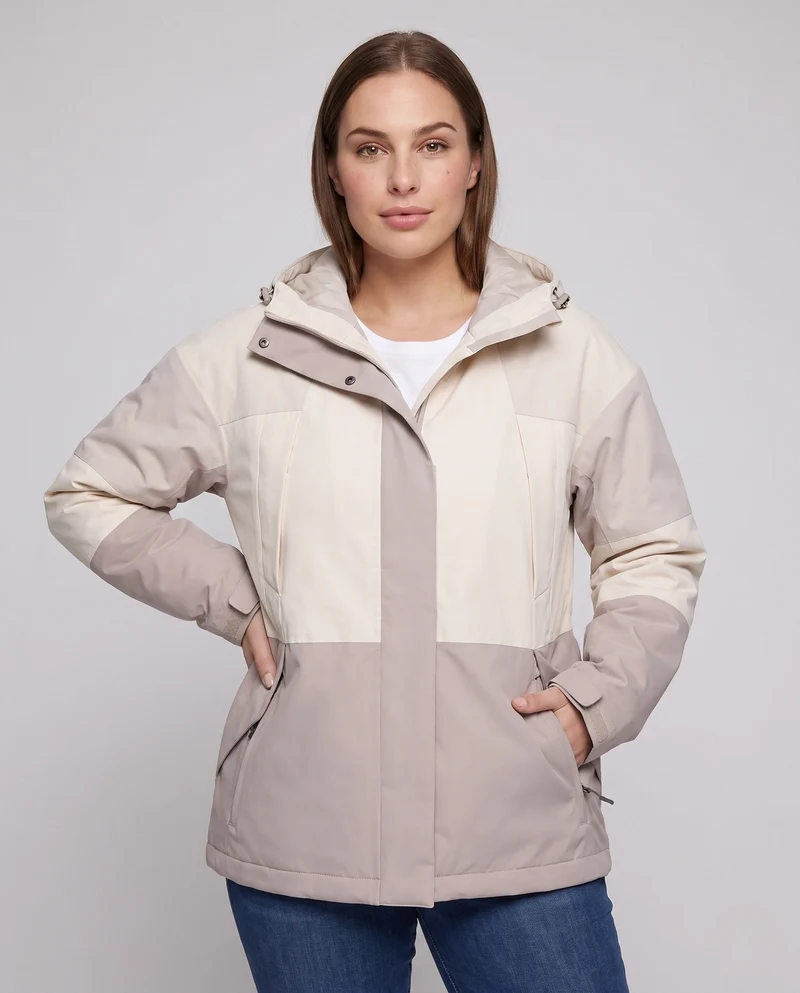 Damen zweilagige wasserdichte Outdoor-Regenjacke mit hohem Stehkragen und verstellbarer Kapuze Drune