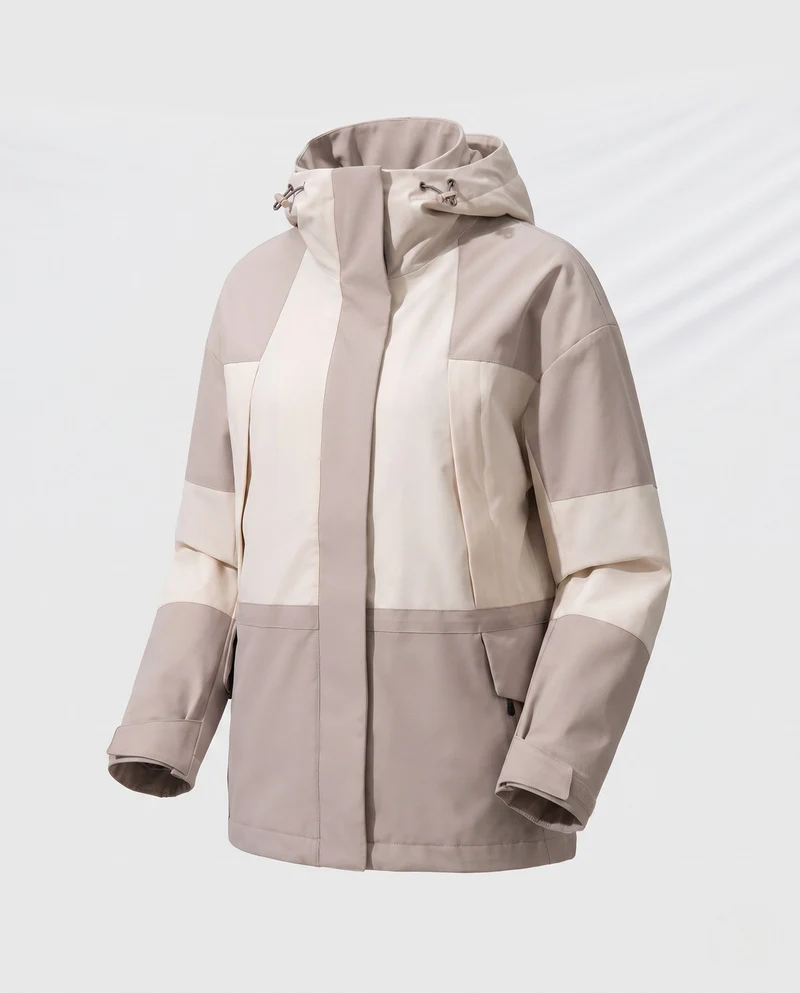 Damen zweilagige wasserdichte Outdoor-Regenjacke mit hohem Stehkragen und verstellbarer Kapuze Drune