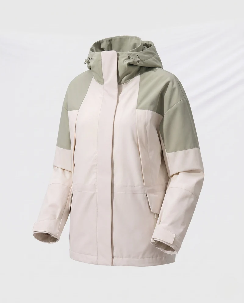 Damen zweilagige wasserdichte Outdoor-Regenjacke mit hohem Stehkragen und verstellbarer Kapuze Drune