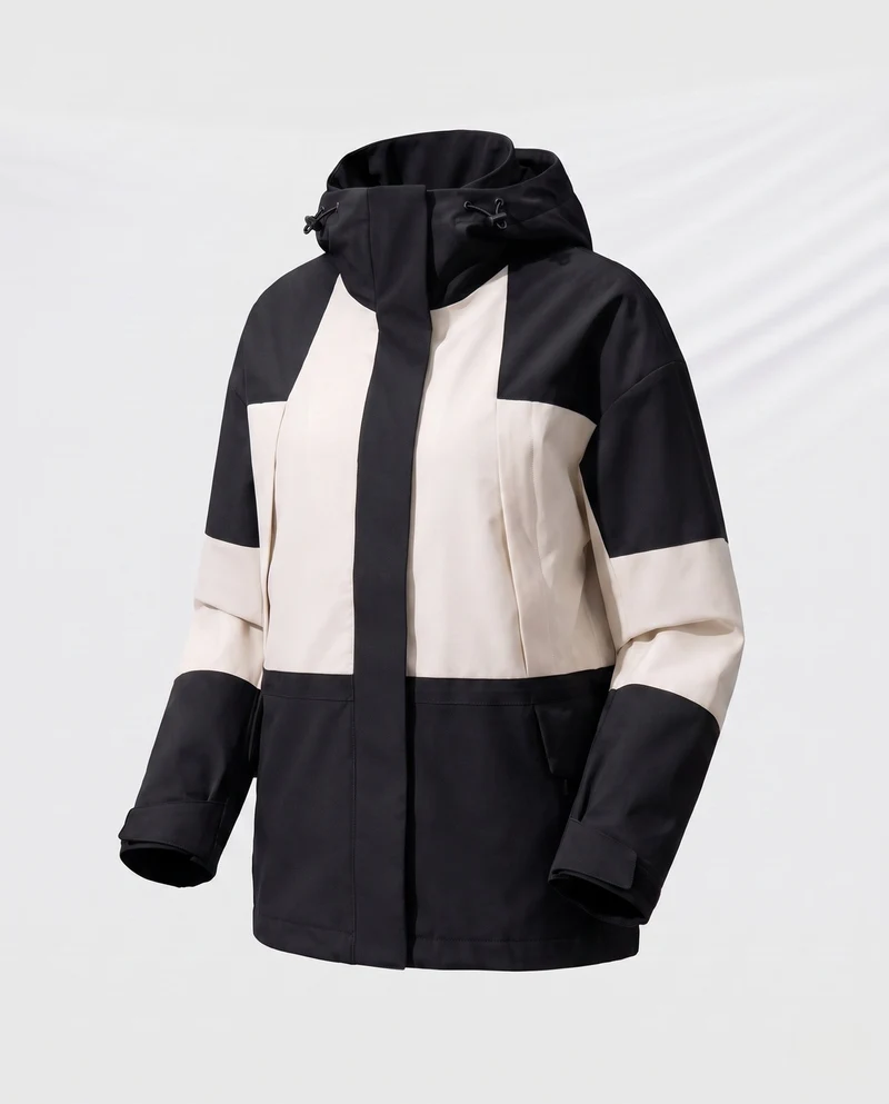 Damen zweilagige wasserdichte Outdoor-Regenjacke mit hohem Stehkragen und verstellbarer Kapuze Drune