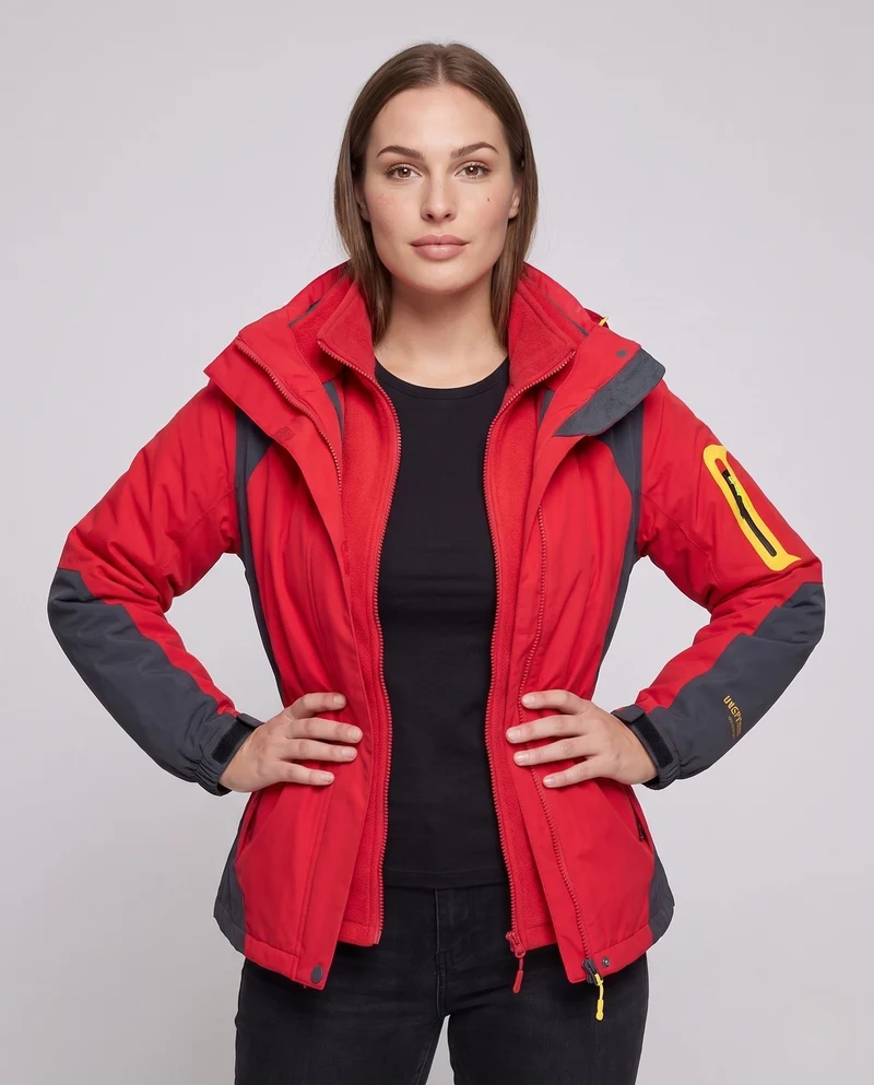 Damen zwei-teiliges Softshell-Fleece-Outdoormantel-Set mit abnehmbarem Kapuze und Ärmeltaschen mit Reißverschluss Drune
