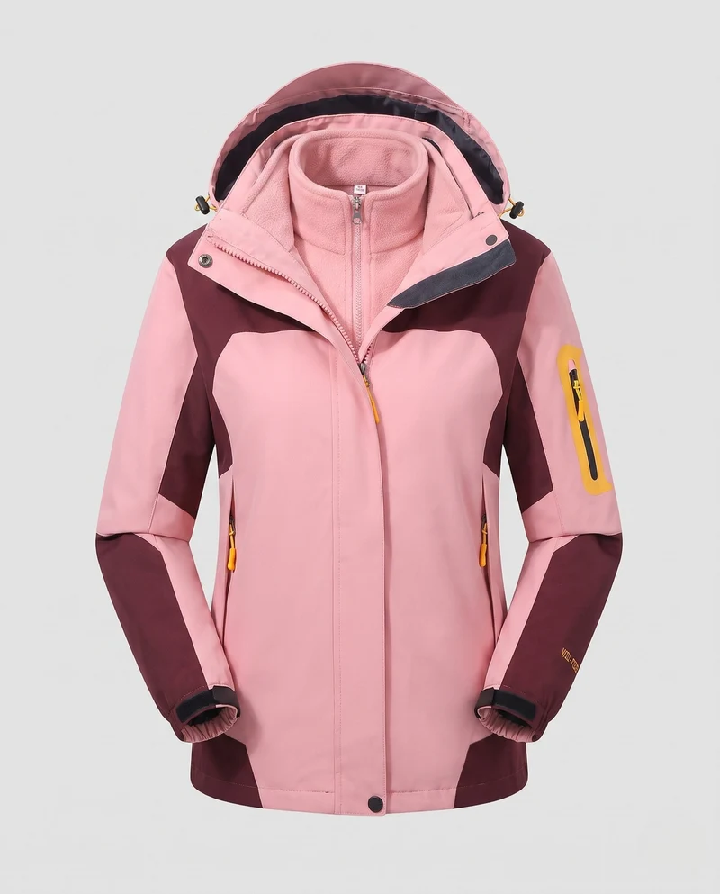 Damen zwei-teiliges Softshell-Fleece-Outdoormantel-Set mit abnehmbarem Kapuze und Ärmeltaschen mit Reißverschluss Drune