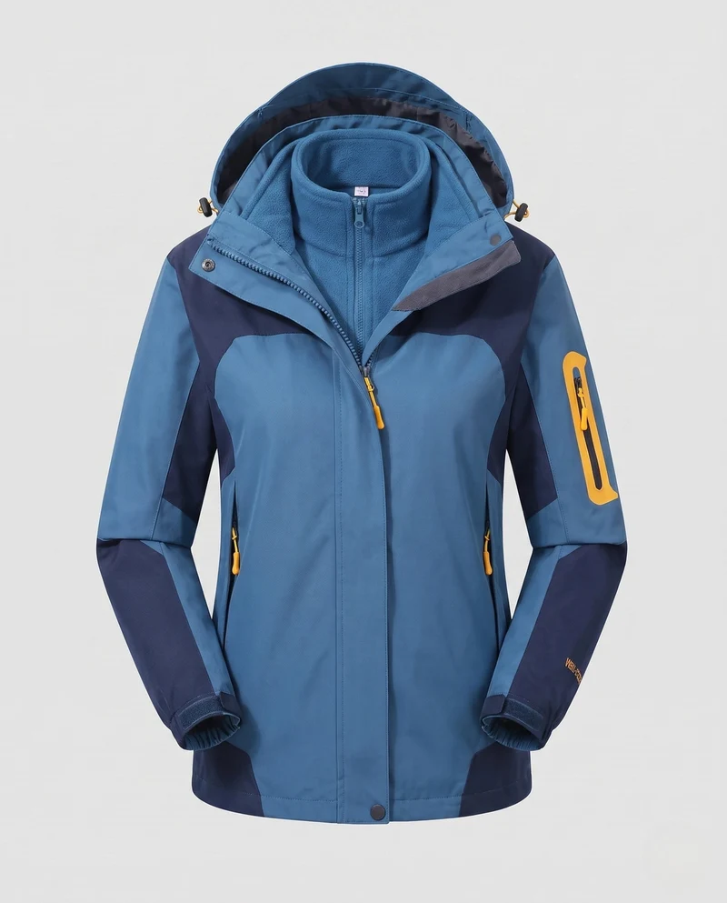 Damen zwei-teiliges Softshell-Fleece-Outdoormantel-Set mit abnehmbarem Kapuze und Ärmeltaschen mit Reißverschluss Drune