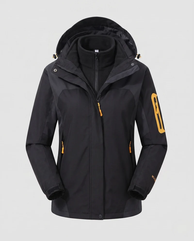 Damen zwei-teiliges Softshell-Fleece-Outdoormantel-Set mit abnehmbarem Kapuze und Ärmeltaschen mit Reißverschluss Drune