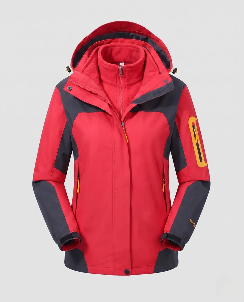 Damen zwei-teiliges Softshell-Fleece-Outdoormantel-Set mit abnehmbarem Kapuze und Ärmeltaschen mit Reißverschluss Drune