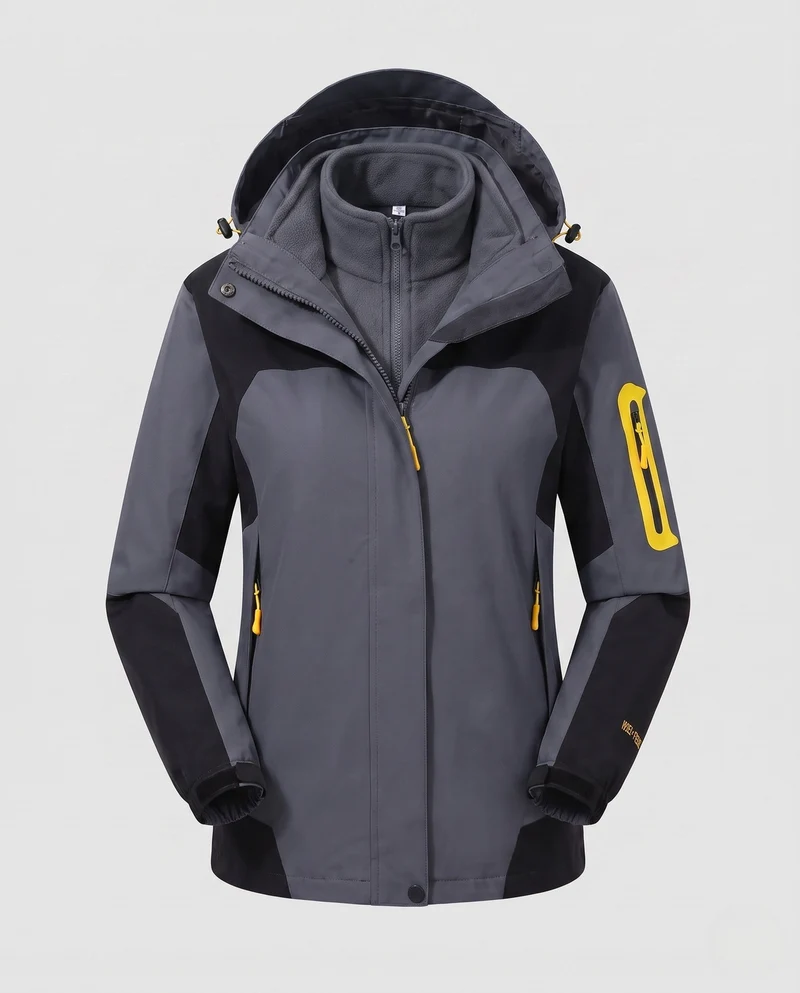 Damen zwei-teiliges Softshell-Fleece-Outdoormantel-Set mit abnehmbarem Kapuze und Ärmeltaschen mit Reißverschluss Drune