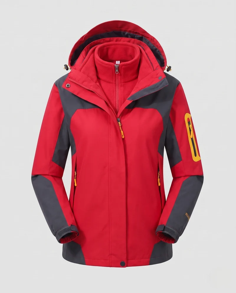 Damen zwei-teiliges Softshell-Fleece-Outdoormantel-Set mit abnehmbarem Kapuze und Ärmeltaschen mit Reißverschluss Drune