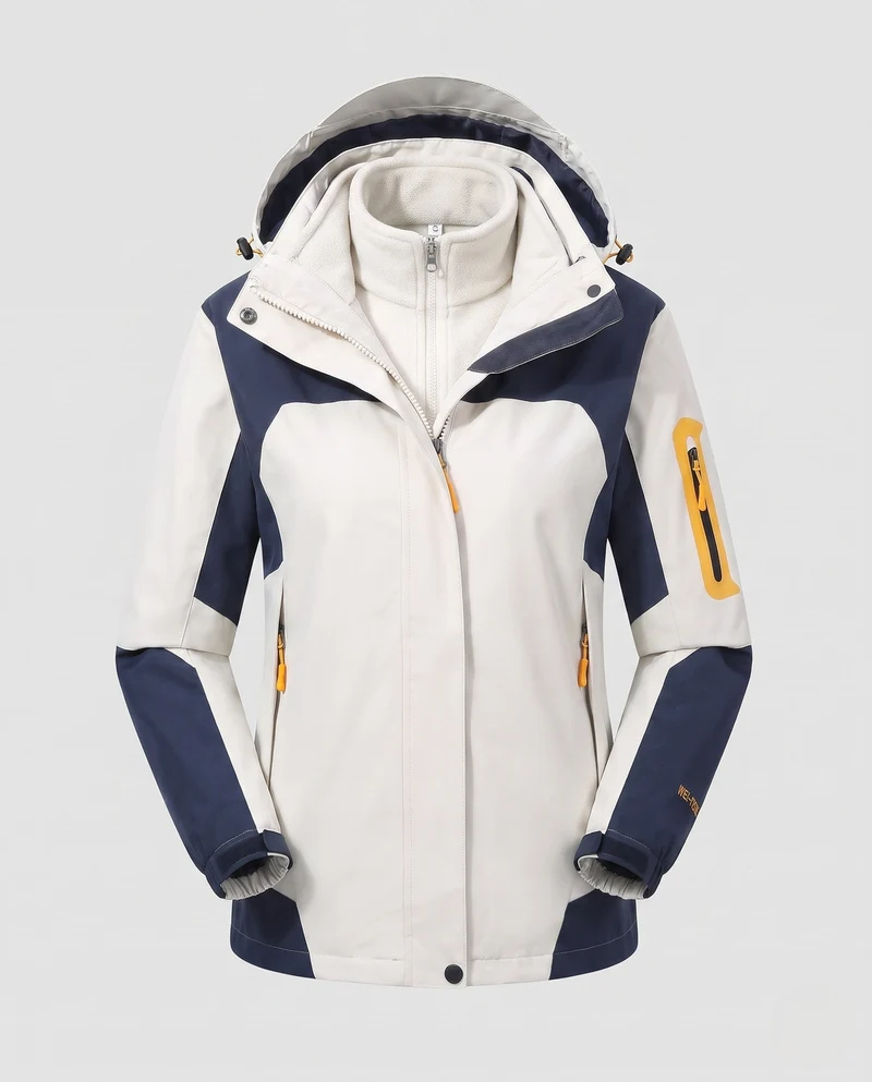 Damen zwei-teiliges Softshell-Fleece-Outdoormantel-Set mit abnehmbarem Kapuze und Ärmeltaschen mit Reißverschluss Drune